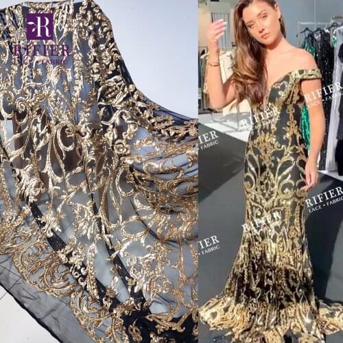 Classical Design African Sequins Voile Net Lace Fabric For Guinean Wedding Dress Gold Sequined Guipure Mesh Tulle Lace Material