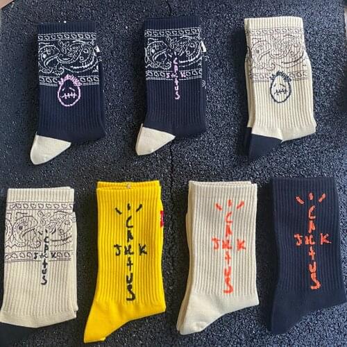 Mens Crew Cactus Jack Socks Pure Cotton Travis cott Sport Hip Hop Skateboard White /Yellow /Black Sockken