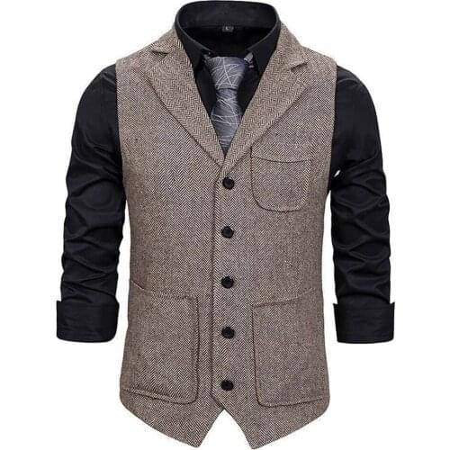 Mens suit vest fashion multi-pocket herringbone tweed mens vest suit business slim sleeveless jacket