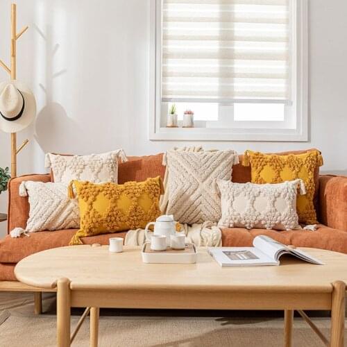 Set of 2 Boho Cushion Covers Decorative With Tassel Sofa Couch Tatami Tufted Luxury Pillow Case Yellow Cream 30x50cm/45x45cm