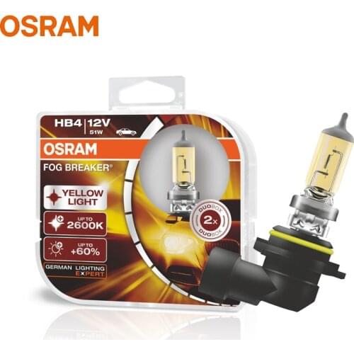 OSRAM HB4 9006 Yellow 9006FBR Halogen Fog Breaker 12V 51W Car Original Headlight 2600K Light +60% Brighter Genuine Lamps, Pair