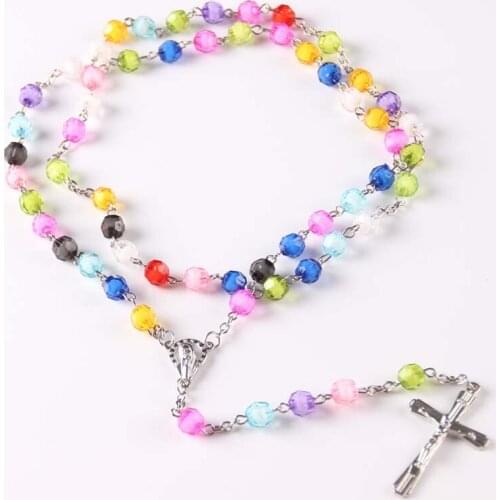 2018 Rosary Beaded Religious Necklace Acrylic colorful Beads Cross Pendant Necklace Free Shipping colorful