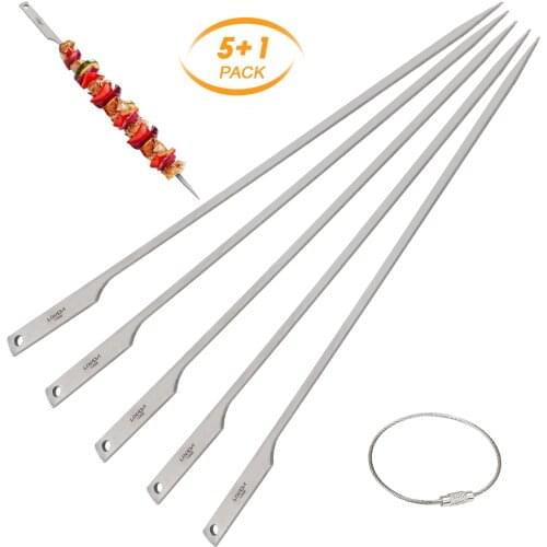 Lixada 5pcs 10 Inch Flat Titanium Barbecue Skewers Outdoor Backyard Picnic BBQ Grilling Kabob Skewers BBQ Sticks with Wire Ring