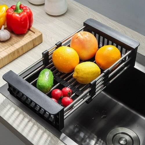 Stainless Steel Drain Rack Telescopic Drain Basket Sink Drain Dish Rack Kitchen Multifunctional Folding Vegetable Washing Basket