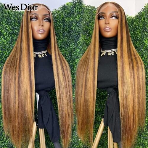 Straight Honey Blonde Highlight Human Hair Wigs Brazilian Straight Lace Front Human Hair Wig For Black Women Preplucked Lace Wig