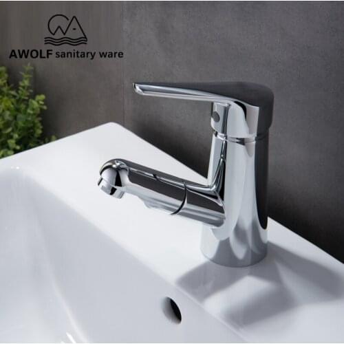 Bathroom Basin Faucet Solid Brass Pull Out Faucet Mixer Tap Hot Cold Switch Deck Mounted Chrome Polish Bathroom Sink Tap ML8013