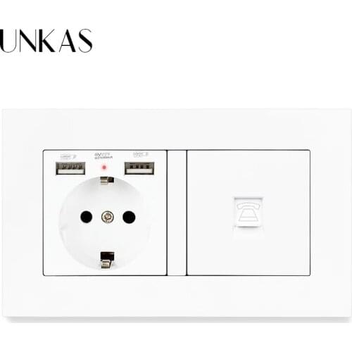 UNKAS Gray EU Standard Power Socket Grounded With Female RJ11 Telephone Jack Dual USB For Mobile PC Plastic Panel Grey Outlet