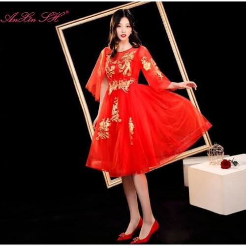 AnXin SH princess golden flower red lace illusion evening dress party vintage o neck half sleeve bride a line evening dress