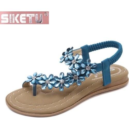 SIKETU shoes woman PU sandals Bohemia Flower Rhinestone Comfortable Flat shoes Breathable light massage Back strap Side space