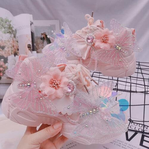 Womens Round Toe Sneakers Lace Up Rhinestones DIY Flowers Butterfly Shiny Girls Shoes Casual Sweet Pink Lolita Breathable