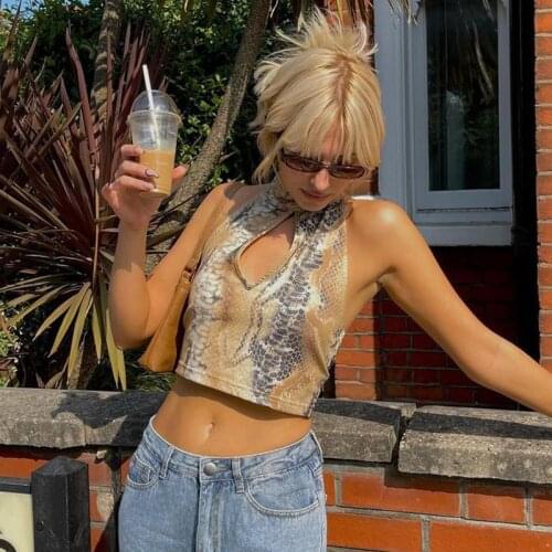 Snake Print Halter Crop Vest Sexy Fashion Bodycon Vests Summer Open Navel Streetwear 2021 Vintage Hollow Out Backless Women Vest