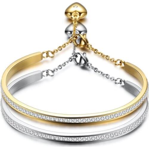 Gold Color Cuff Bangle For Women One Row Crystal Stainless Steel Bracelet Bangle Jewelry Adjustable Chain