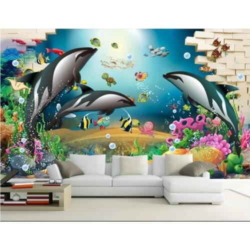 Custom photo 3d wallpaper Brick wall retro dolphin underwater world childrens room 3d wall murals wallpaper for home decor