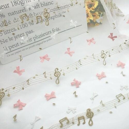Bowknot musical note embroidery Lace Fabric mesh tulle fabric of DIY Webbing Dress Cloth Materials 1meter 135cm