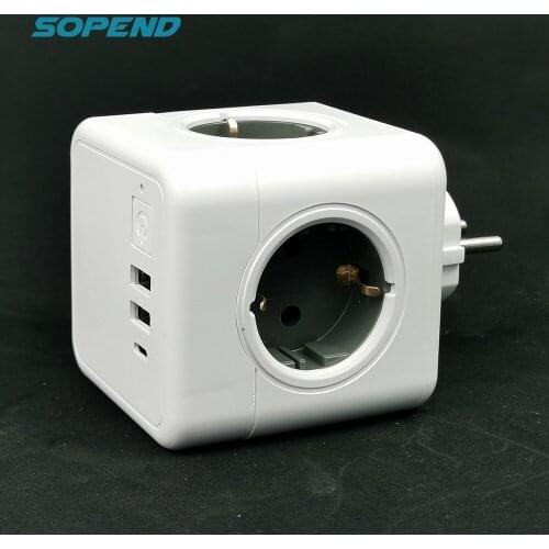 Sopend Powercube EU Plug Power Strip wall Multiple Socket 2 USB C Port Switch Adapter 3680W 250V for phone Tablets Home Charging