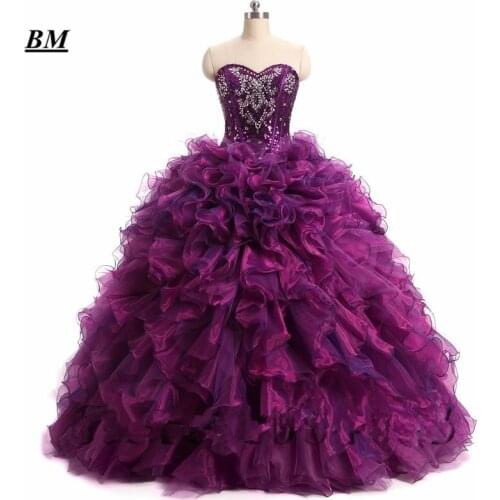 BM 2020 Stock Purple Quinceanera Dresses Ball Gown Beaded Sweet 16 Dresses Formal Prom Party Gown Vestido De 15 Anos BM60