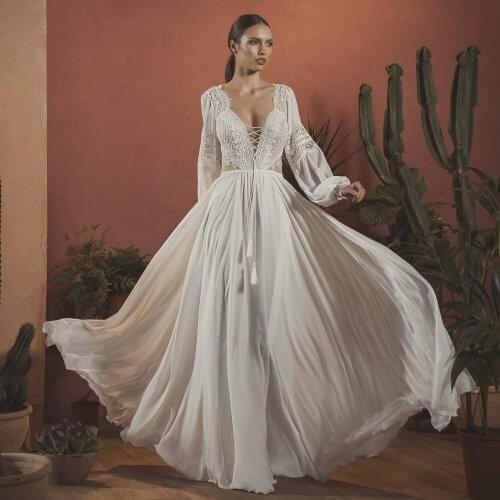 Long Sleeve Bohemian Backless Wedding Dresses 2020 V Neck Lace Appliqued Boho Chiffon Bridal Gowns A Line Wedding Dress