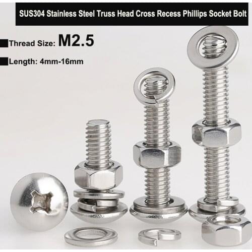 M2.5 Stainless Steel304 Truss Head Cross Recess Phillips Socket Bolt Three Combination Screw with Plain Washer Spring Washer Nut