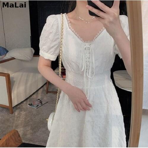 Korean Vintage Chic Mini Dress Women 2021 Summer French Elegant Square Collar Casual Lace Midi Puff Sleeve One-piece Dresses