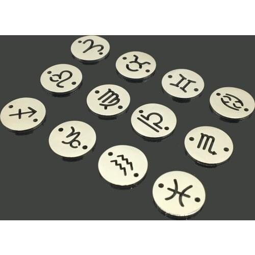 Stainless Steel Twelve Constellation Pendant Bracelet Necklace 16mm Disc Double Hole Pendant DIY Leather Bracelet Jewelry Making