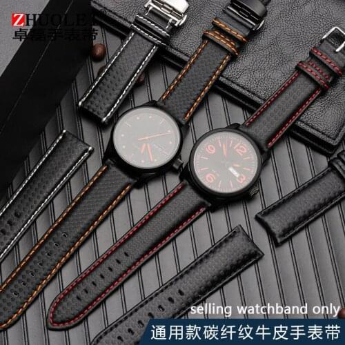 Waterproof carbon fiber wristband for Mido M005 or Citizen mens wristband 18MM 20MM 22MM with leather lining stainless steel bu