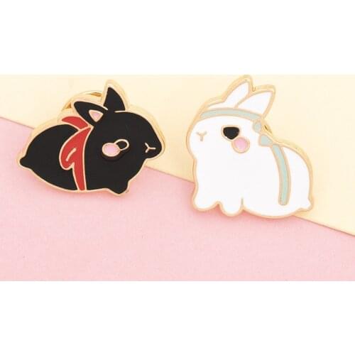 Cartoon Black White Rabbit Enamel Brooch For Women Girls Bag Clothes Animal Lapel Pin Button Badge Jewelry Best Friends Gift