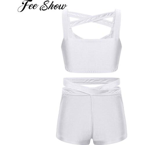 Kids Dancing Costumes for Girls Jazz Dance Outfits Ballroom Dancewear Solid Color Crop Tops Short Sports Workout Gym Activewear