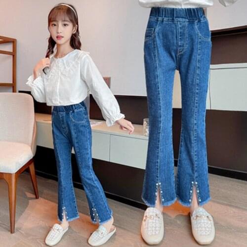 Jeans for Girls 2021 Autumn Fashion Kids Bell-Bottomed Pants Childrens Clothing Casual Teenager Girls High Waist Pearl Trousers