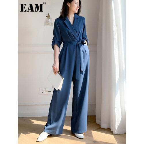 [EAM] Loose Fit Women Elegant Belt Notched Collar Jumpsuit New High Waist Pocket Stitch Pants Fashion Spring Autumn 2021 1DD5280
