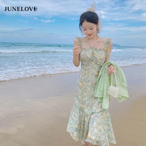 JuneLove Women Summer Print Floral Midi Dress Vintage Franch Style Female Strapless Party Dress Casual Holiday Lady Boho Vestido