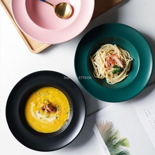 Nordic INS Color Glaze Ceramic Simple Creative Dish Pasta Dish Salad Dish Deep Soup Dish Western Food Dish Straw Hat Dish
