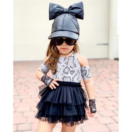 2Pcs Leisure Style Little Girls Outfit Summer Snakeskin Printing Off Shoulder Round Collar Top + Solid Color Mesh Skirt Set