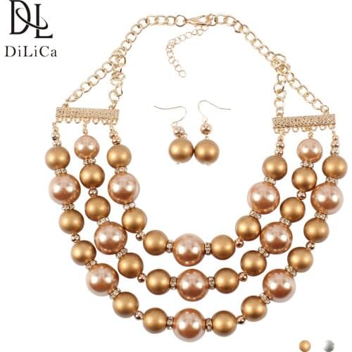 DiLiCa Elegant Jewelry Sets for Women Imitation Pearl Necklace Earrings Female Layered Maxi Statement Necklace Jewelry