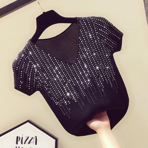 Fashion The New Diamond V-neck short-sleeved sweater bottoming shirt womens loose thin pullover summer Style