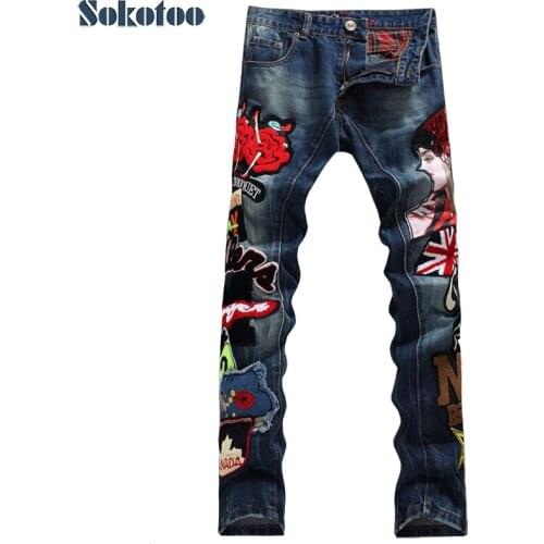 Sokotoo Mens fashion beauty girl English flag denim jeans Male casual appliques straight pants Slim long trousers Free shipping