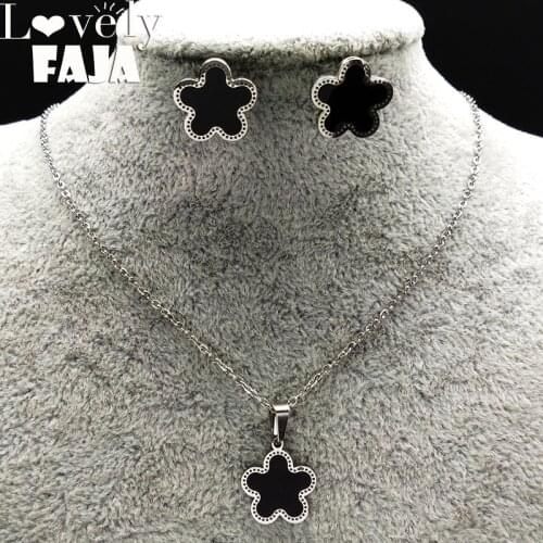 Enamel Stainless Steel Sets for Women Flower Earrings Necklace Silver Color Set Jewelry boucles d'oreilles pour les femmesN801S0