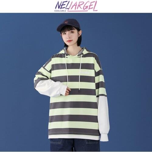NELLARGEL Women Striped Fake Two Pieces Hooded Hoodies 2021 Female Harajuku Y2k Oversized Hoodie Girl Korean Fashion Sweatshirts
