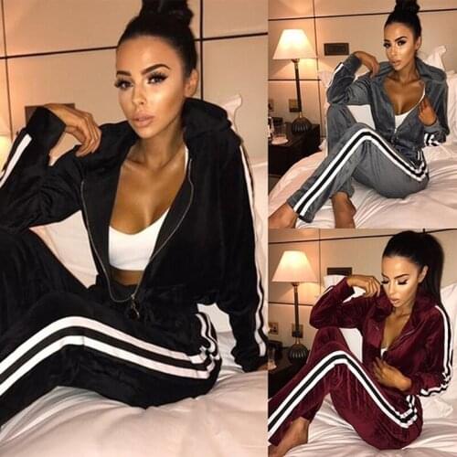 Autumn Tracksuit For Women Two Piece Set Stripe Top And Pants Women Fitness Set Velvet Suits Casual Sportswear Conjunto Feminino