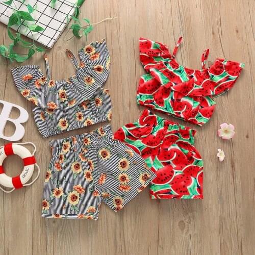 1-6Y Summer Kids Girls Clothes Sets Watermelon/Sunflowers Print Ruffles Off Shoulder Tops Shorts 2pcs