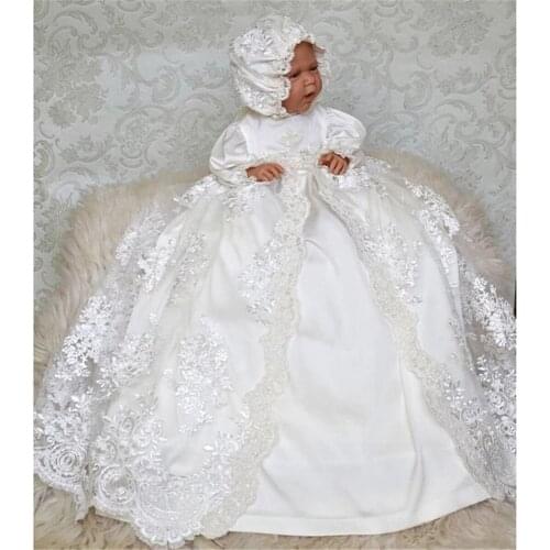 New Baby Infant Dress White Ivory Baby Girls Christening Gown Lace Tulle Long Baptism Dress with Headband Toddler Gown