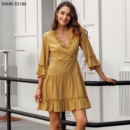Summer Fashion Women Sexy Dress Three Quarter Sleeve V-eck Ruffers Casual Dresses for Women A-Line Holiday Streetwear Vestidos