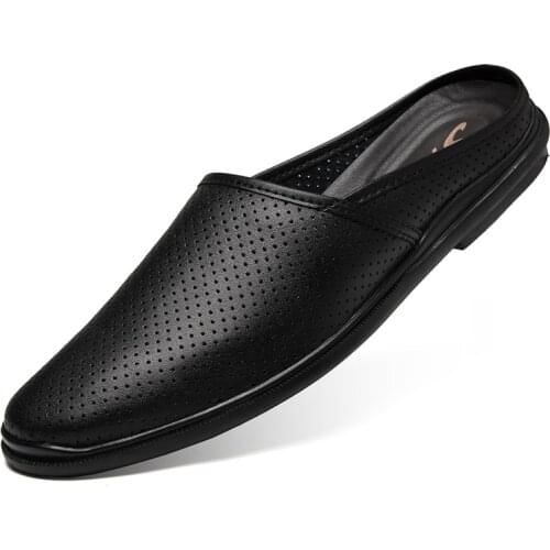 Summer Mens Half Shoes Casual Brand Men Loafers Genuine Leather Hollow Out Breathable Shoes Slipon Moccasins Big Size 46 47