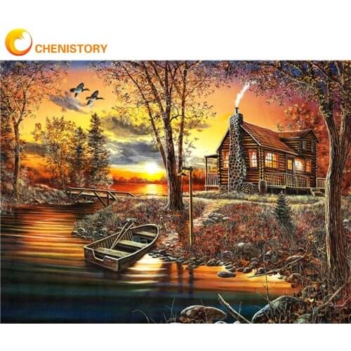 CHENISTORY Picture Frame Diy Oil Painting By Numbers Kits Acrylic Wall Art Home Decors Autumn Forest Coloring By Numbers For Diy