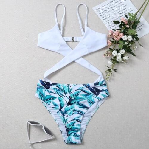 Sexy Cross Bandage Bathing Suits For Women Push Up One Piece Swimsuit Leaf Print High Waisted Cut Out Monokini Swimwear Bodysuit