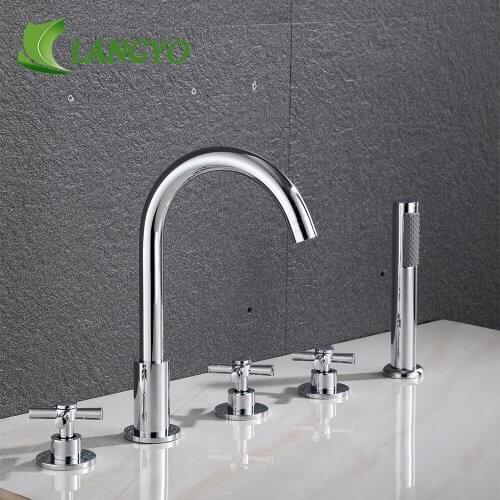LANGYO 5PCS Gold/Chrome Bathtub Faucet Bathroom Extra Long Water Pipe Bathroom Tap Washbasin Creative Faucet With Hand Shower