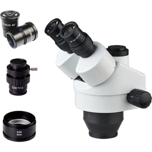 0.35X-45X Trinocular Stereo Zoom Microscopes Head with One Pair 10X Eyepieces, 0.5X CTV Adapter and 0.5X Auxiliary Objective