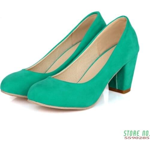 Big Size Spring Autumn Women Pump High Chunky Heels Red Pink Black White Flock PU Casual Party Office Lady Concise Slip-on Shoes