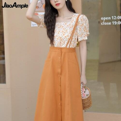 Womens Summer Two Pieces Clothing Set 2021 Chic Print Floral Short Sleeve Shirt+overalls Skirts Suit Lady Sweet Pink Streetwear