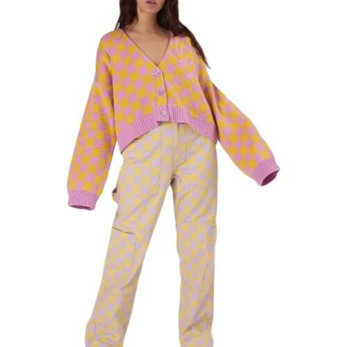 2021 Women Classic Knitted Cardigan Splicing Checked V-Neck Long Sleeves Button-Open Knit Coat for Girls Yellow Purple for Fall
