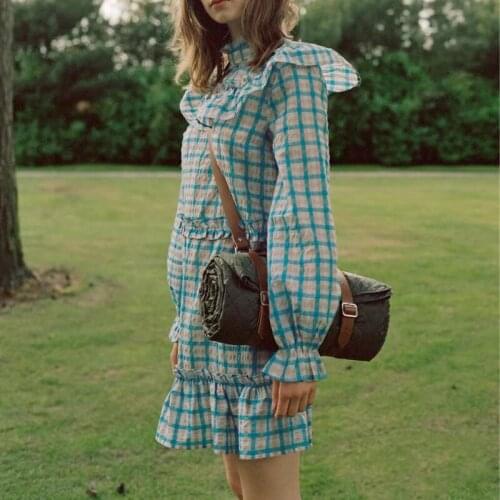 Turtleneck Women Plaid Knee-Length Dress 2021 Early Autumn Ladies Long Puff Sleece Sweet Holiday Ruffles Short Robe Female